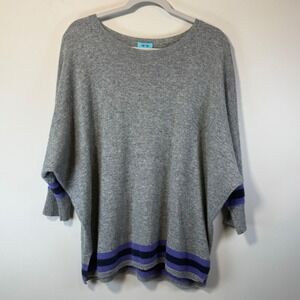 Two Bees Wool Cashmere Sweater Women OS Gray Dolman Striped Trim Luxury Preppy